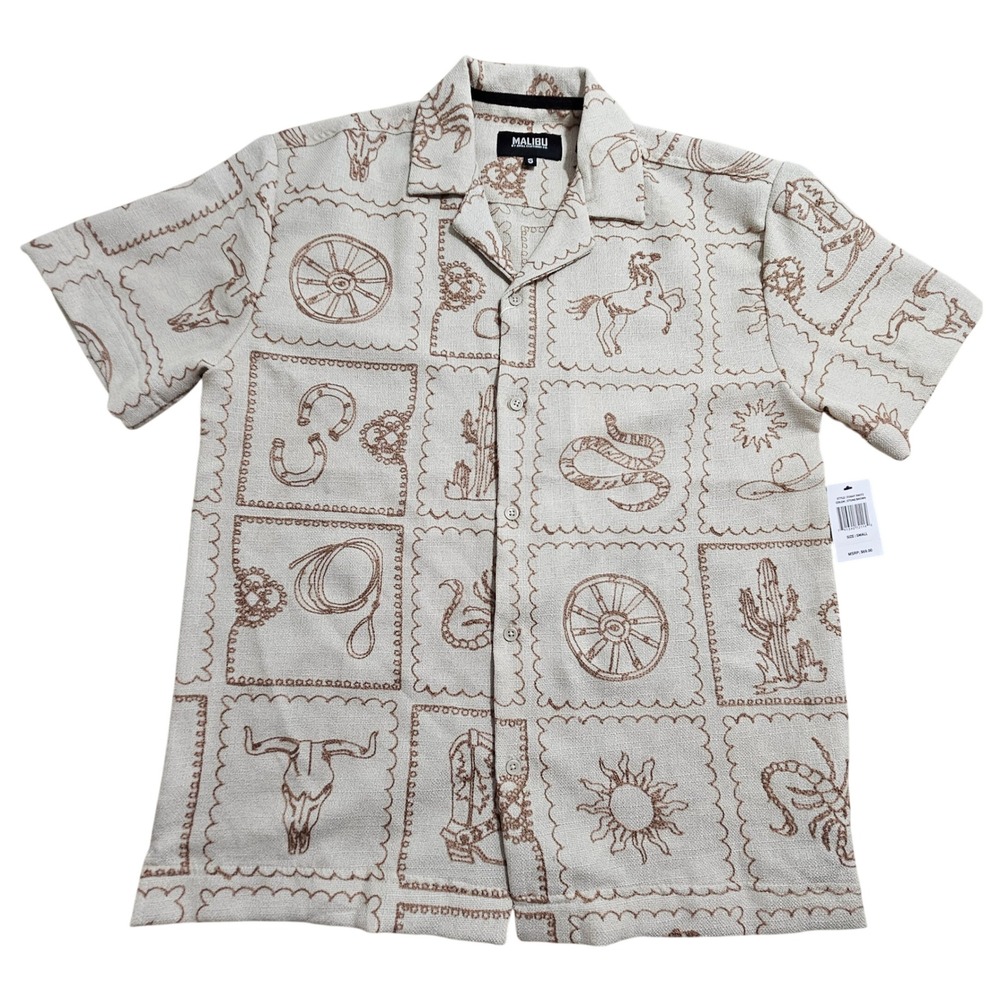 Malibu NWT Button Down Shirt Small Stone Brown Western Embroidered D2647-X6072